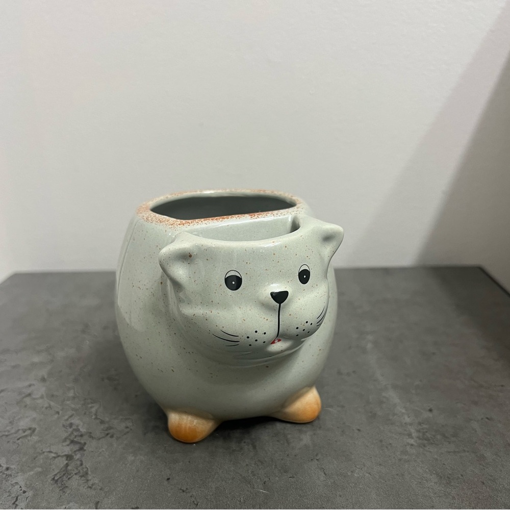 Ceramic Cat Tea Mug With Attached Tea Bag Holder Green with Brown Speckles